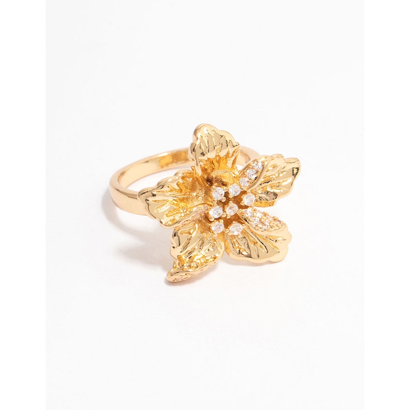 Gold Plated Cubic Zirconia Bling Flower Ring