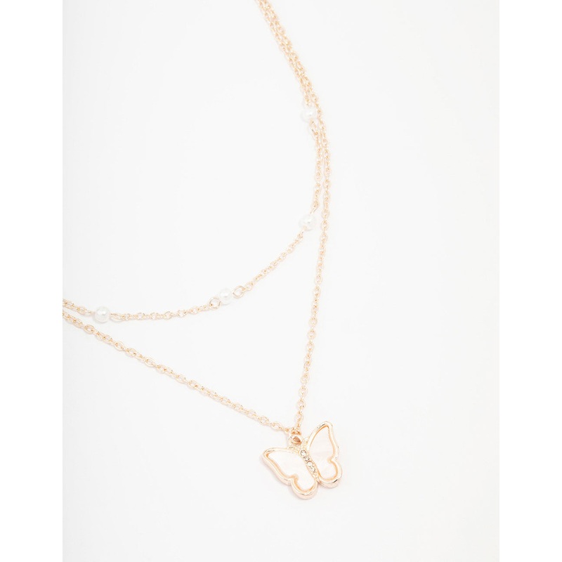 Kids Rose Gold Pearl Butterfly Layered Necklace
