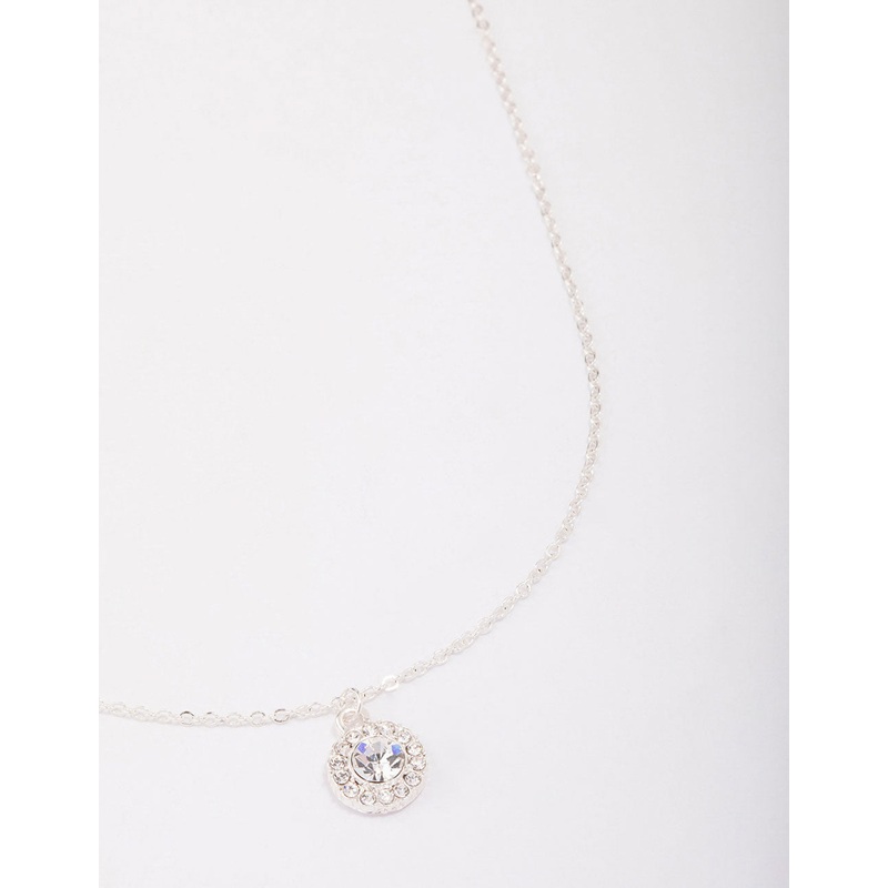 Silver Pear Crystal Halo Pendant Necklace