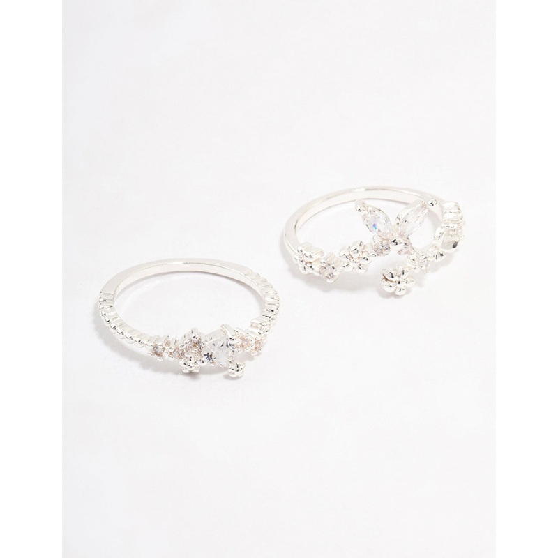Silver Plated Floral Stone Stacking Rings
