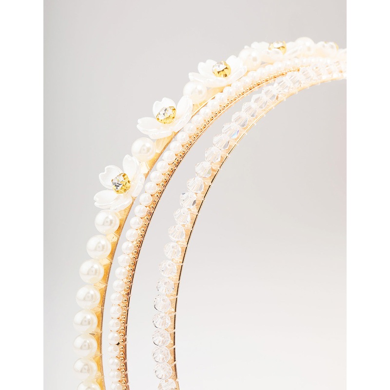 Gold Crystal Pearl Flower Headband 3-Pack