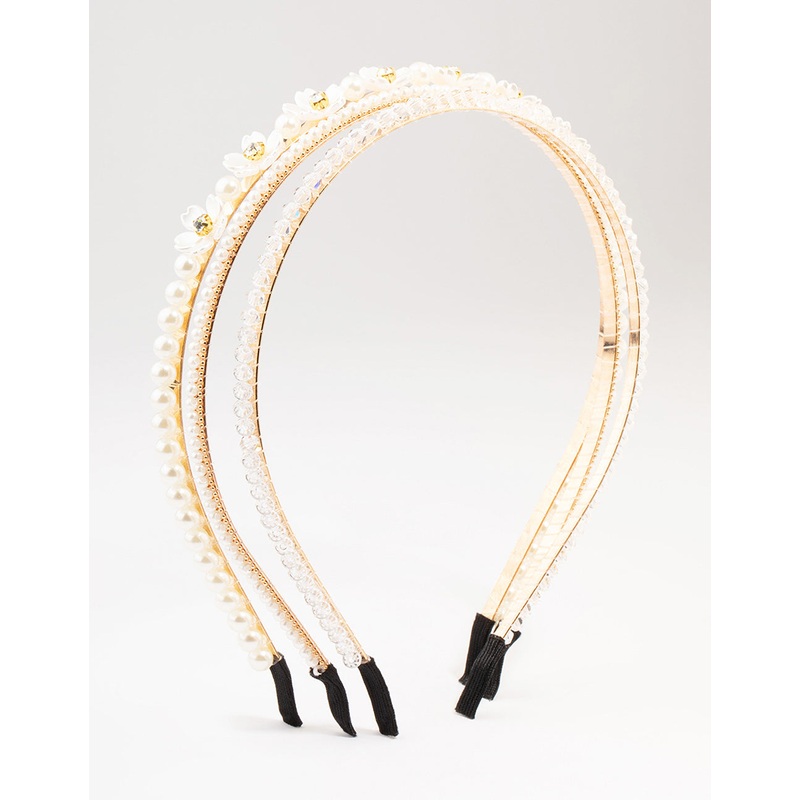 Gold Crystal Pearl Flower Headband 3-Pack