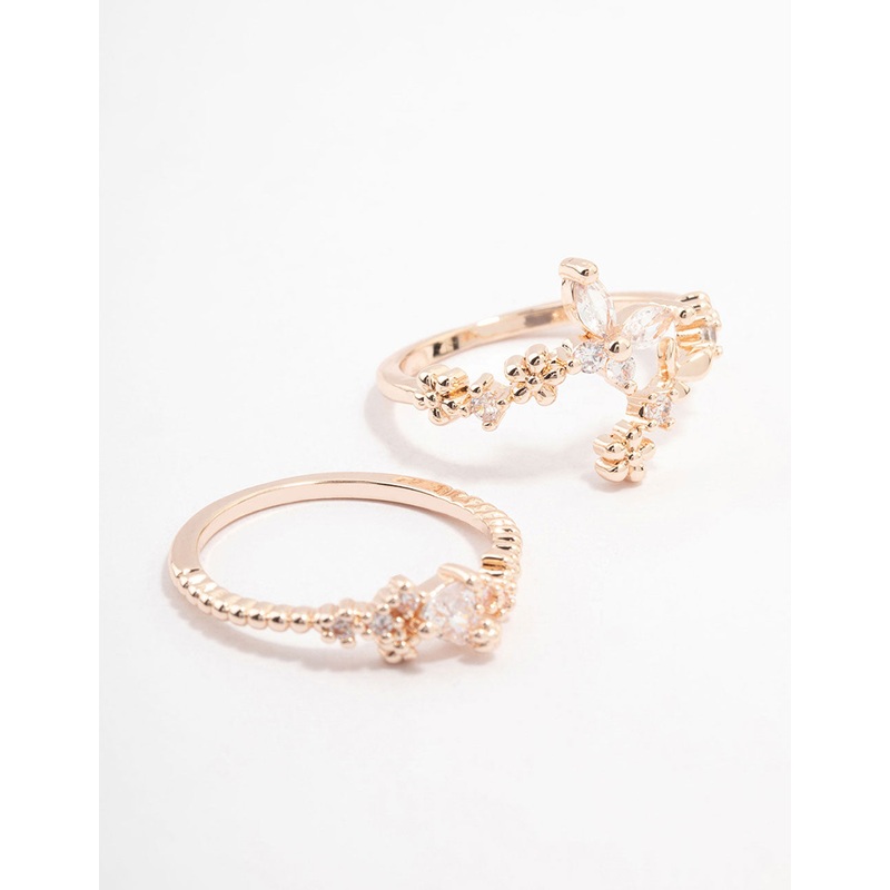 Rose Gold Plated Floral Stone Stacking Ring Pack