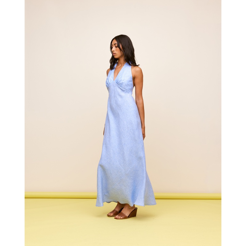 AVA LINEN HALTER DRESS BLUE MARLE