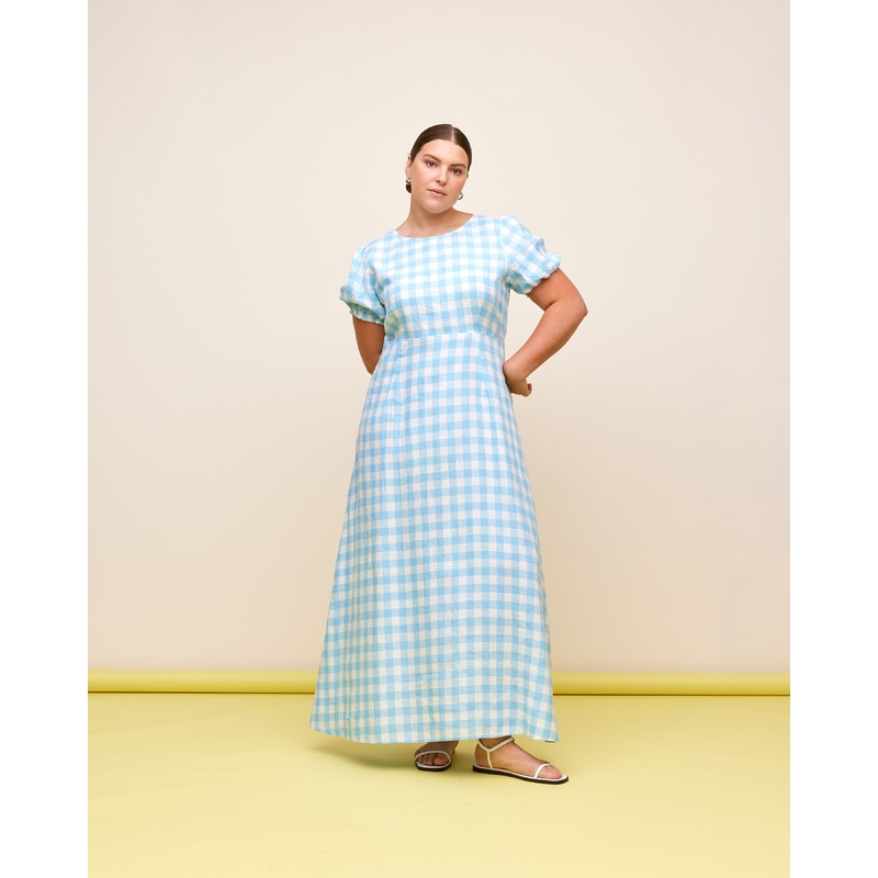 VIDA LINEN DRESS BLUE LINEN GINGHAM