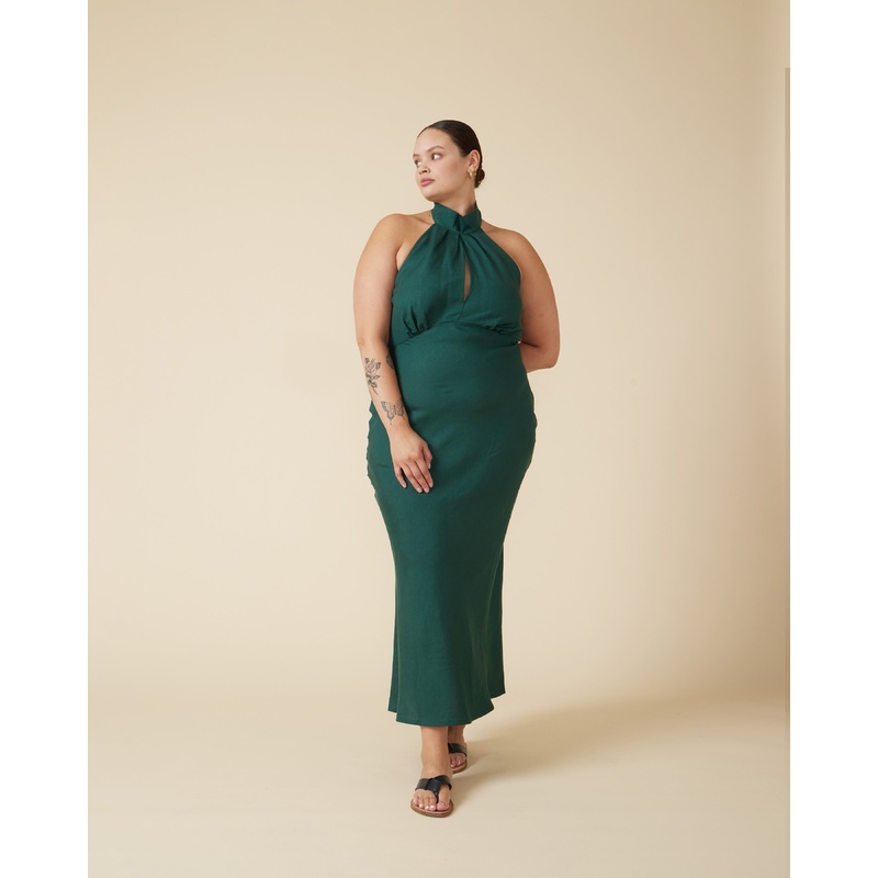 GIGI LINEN HALTER DRESS EMERALD
