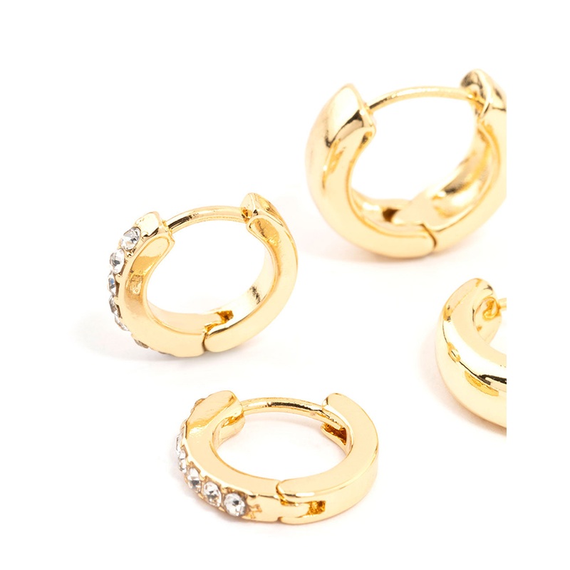 Gold Plated Diamante & Plain Huggie Earrings 2-Pack