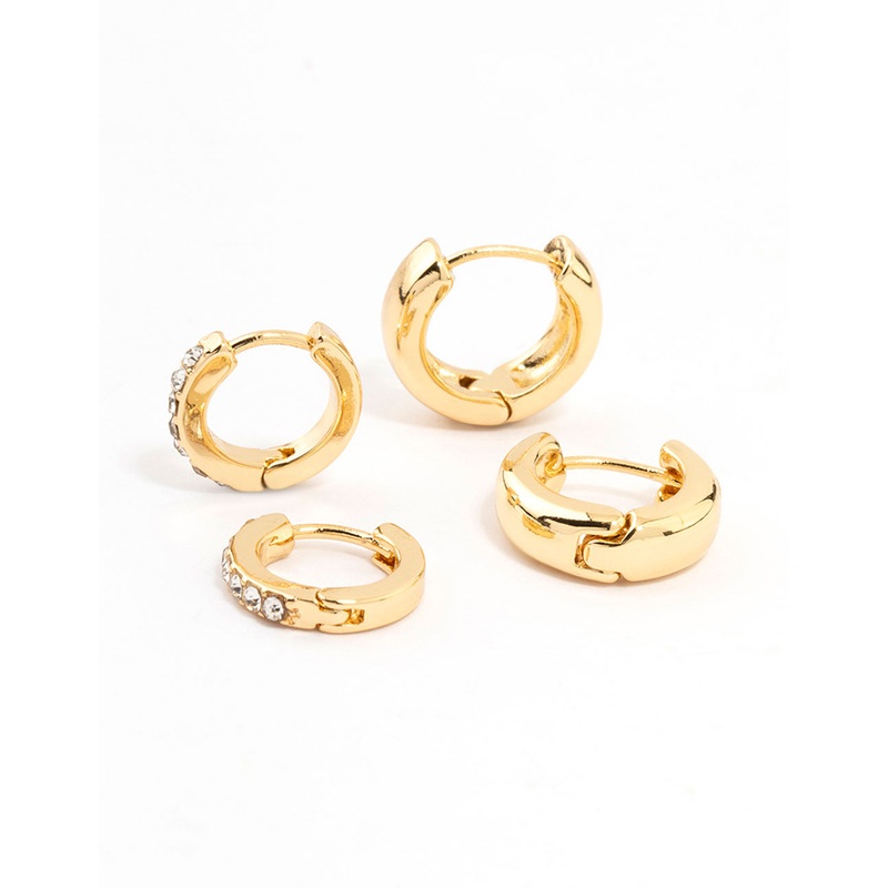 Gold Plated Diamante & Plain Huggie Earrings 2-Pack