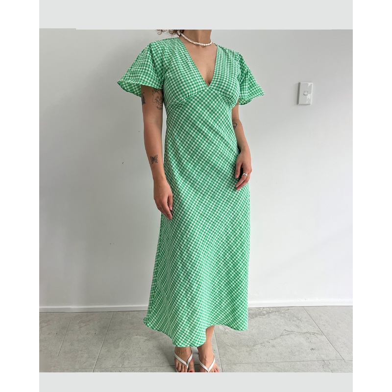 HONEY MIDI DRESS GREEN GINGHAM