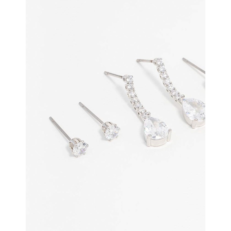 Silver Cubic Zirconia Stud & Drop Earrings 3-Pack