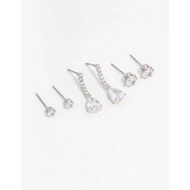 Silver Cubic Zirconia Stud & Drop Earrings 3-Pack