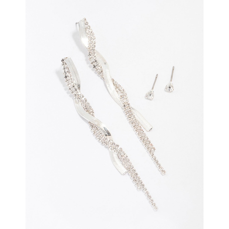Silver Studs & Drop Cup Chain Earrings Multipack