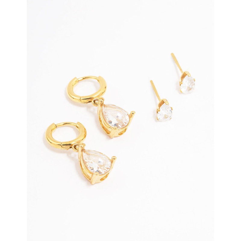 Waterproof Gold Plated Stainless Steel Pear Cut Cubic Zirconia Earrings 2-Pack
