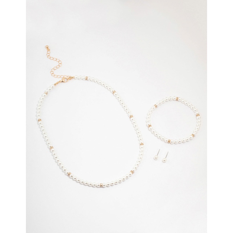 Gold Pearl Earrings, Bracelet & Necklace Multi Pack