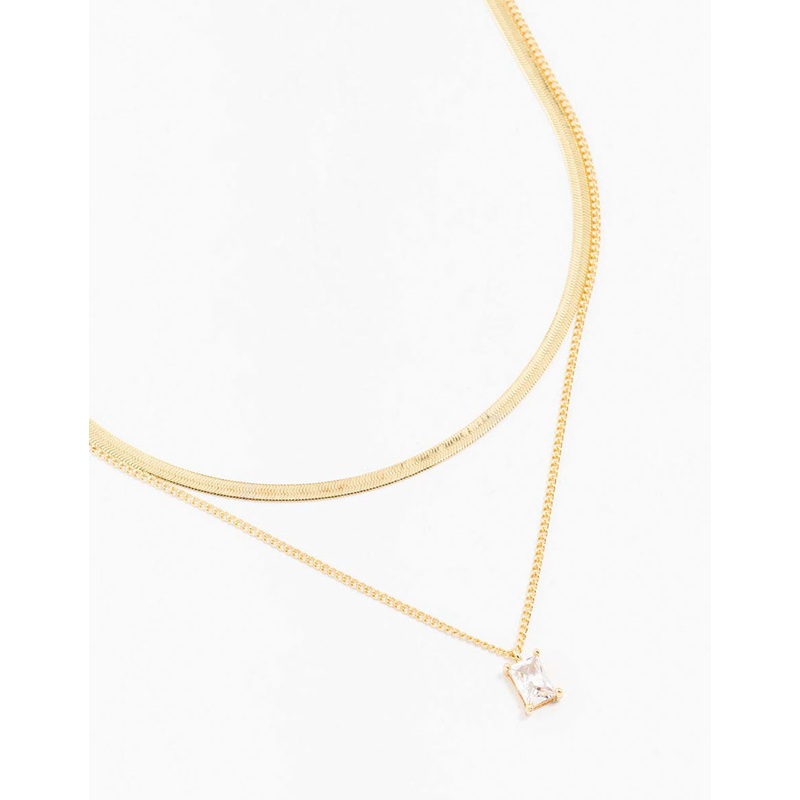 Gold Plated Baguette Snake Pendant Layered Necklace