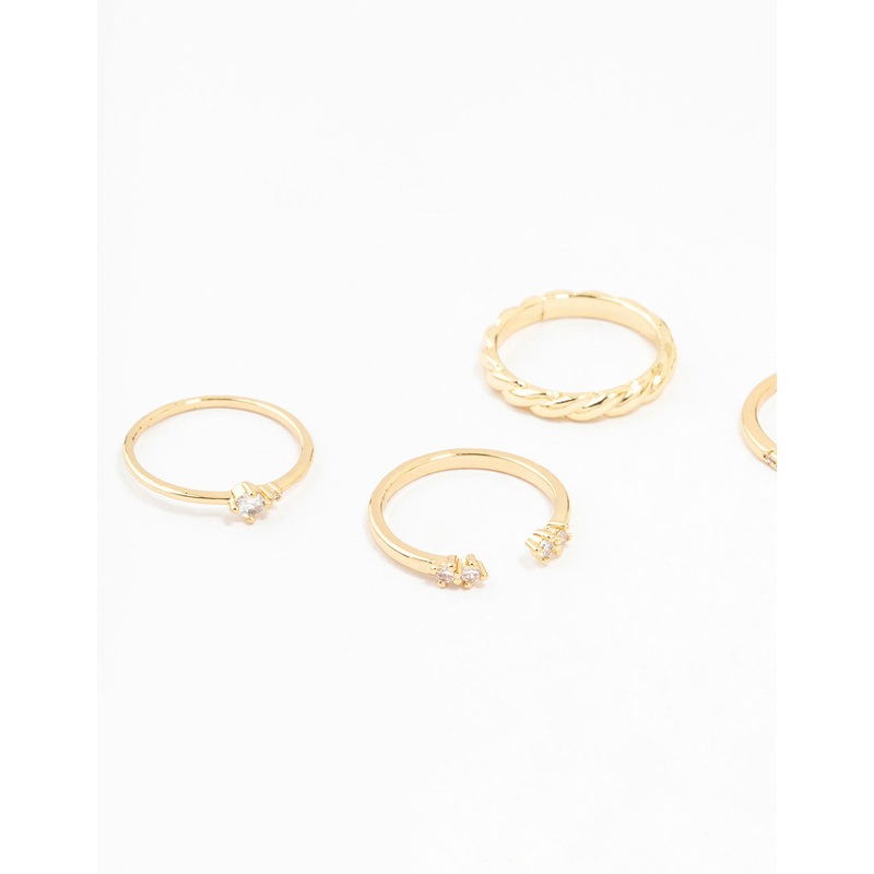 Gold Plated Dainty Diamante Rings 5-Pack