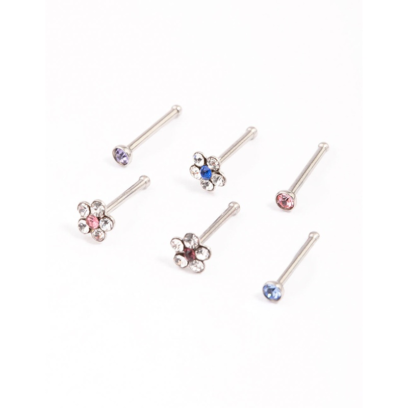 Surgical Steel Cubic Zirconia Triangle Floral Nose Ring 6-Pack