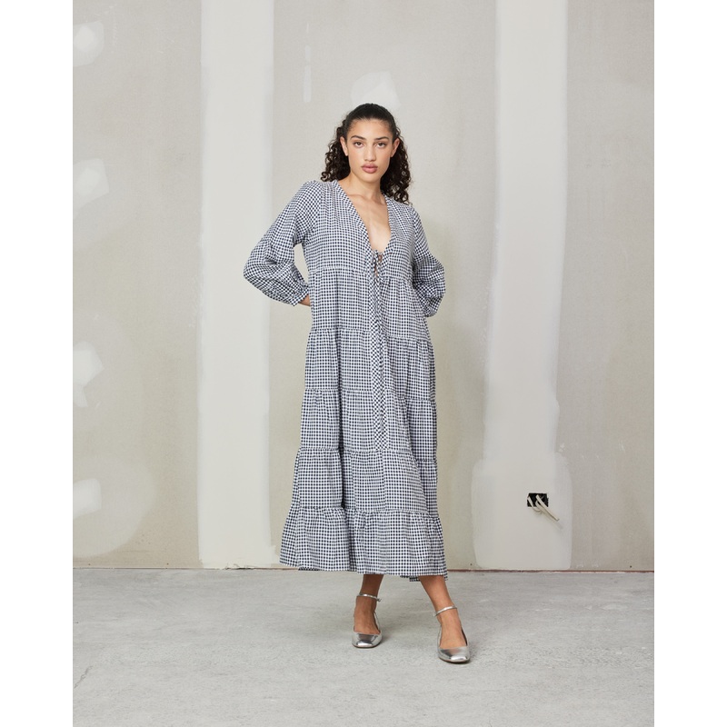 WREN TIERED MAXI DRESS NAVY GINGHAM