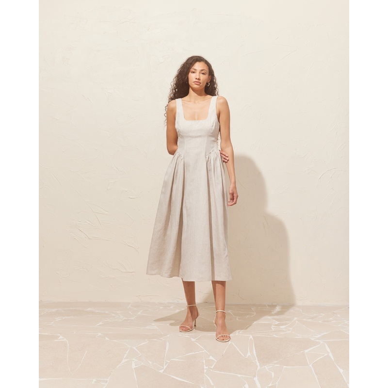 BRIDGETTE LINEN DRESS NATURAL|6|10|12|14|16|18|20
