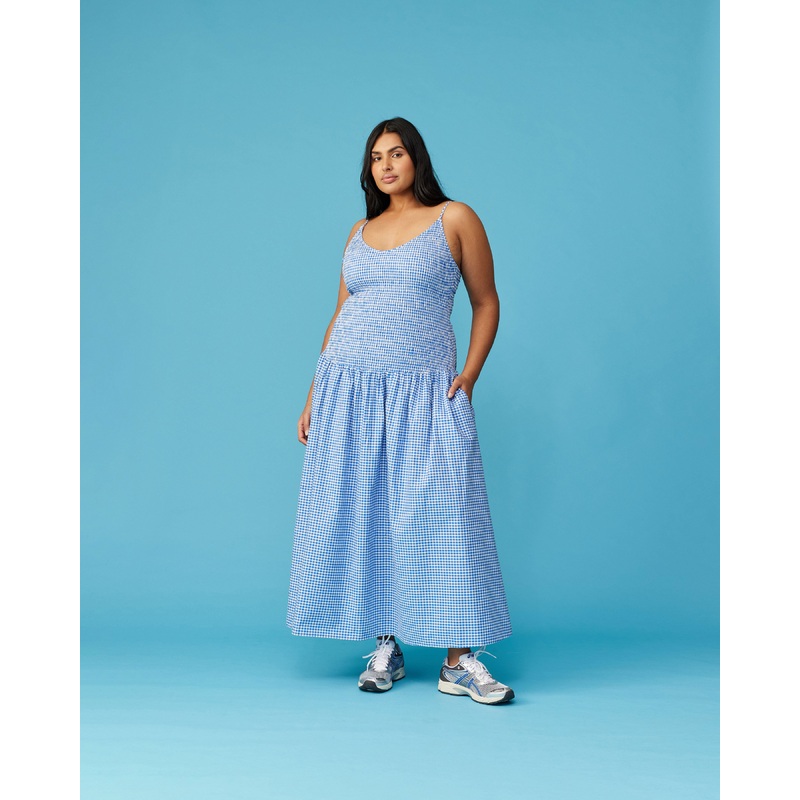 APPLE SHIRRED DRESS COBALT GINGHAM