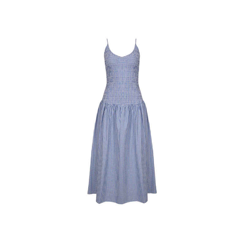 APPLE SHIRRED DRESS COBALT GINGHAM