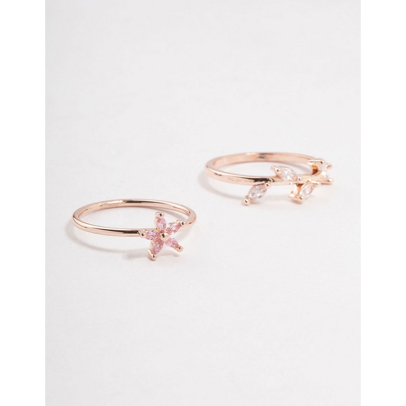 Rose Gold Flower Vine Cubic Zirconia Rings 2-Pack