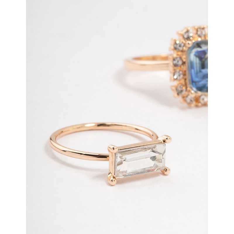 Rose Gold Framed Blue & Silver  Diamante Rings 3-Pack