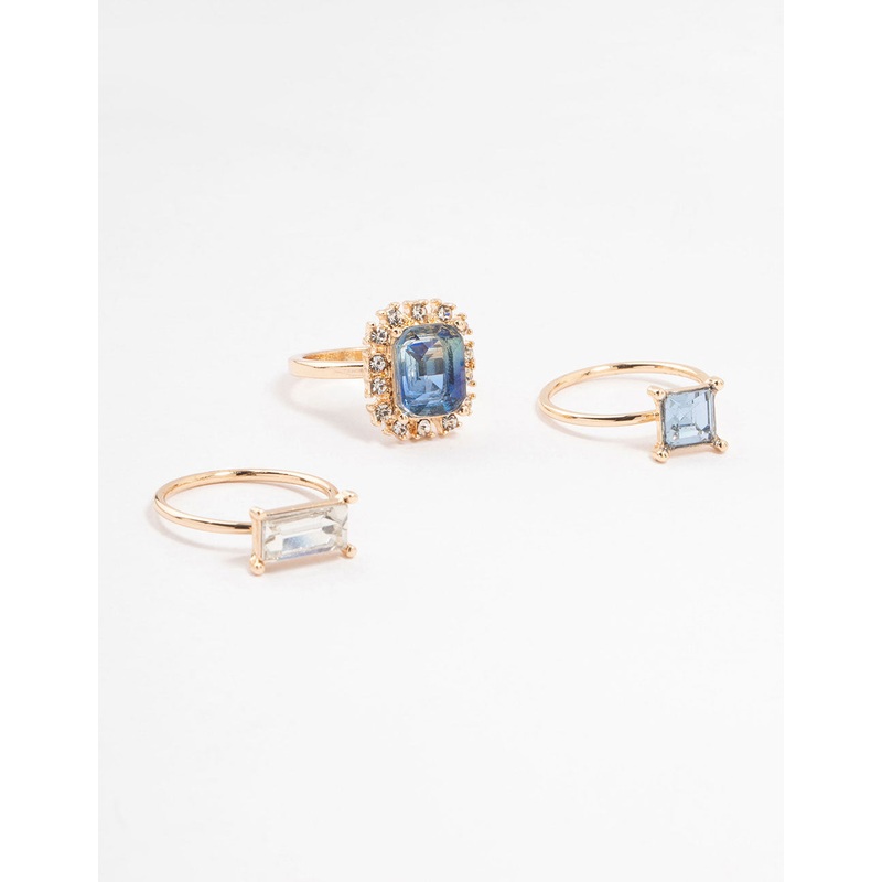 Rose Gold Framed Blue & Silver  Diamante Rings 3-Pack