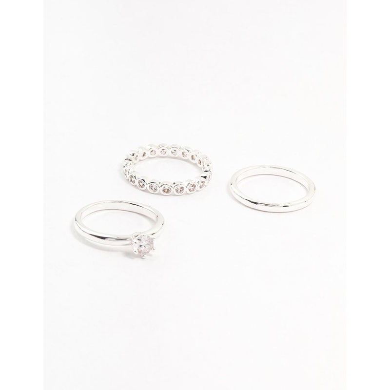 Silver Plated Fine Round Cubic Zirconia Stacking Rings 3-Pack