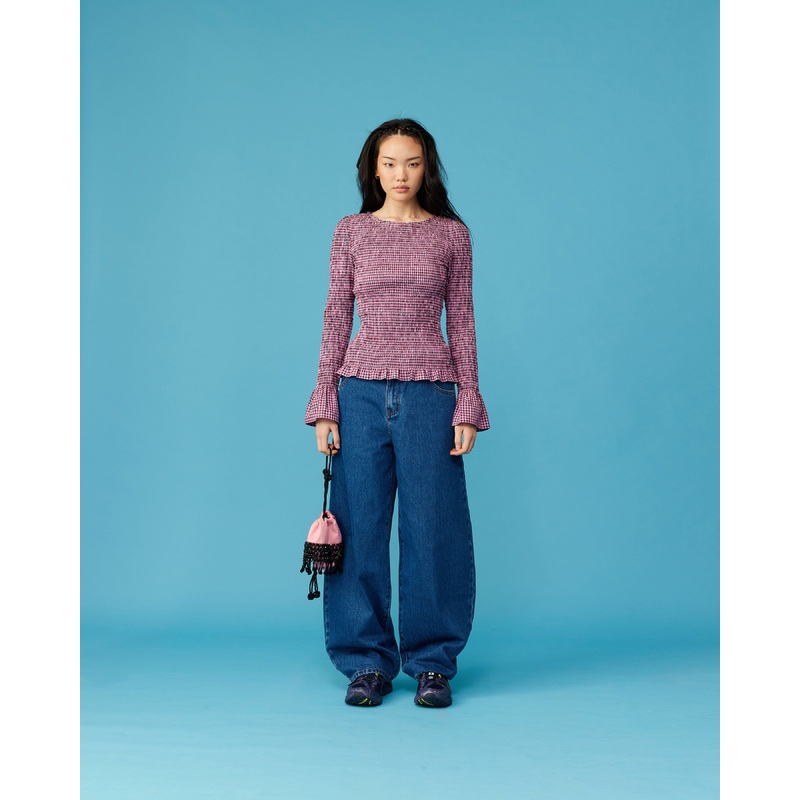 SKY SHIRRED LONG SLEEVE PINK PETROL GINGHAM