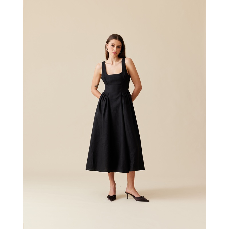 BRIDGETTE LINEN DRESS BLACK|4|6|8|10|12|14|16|18|20