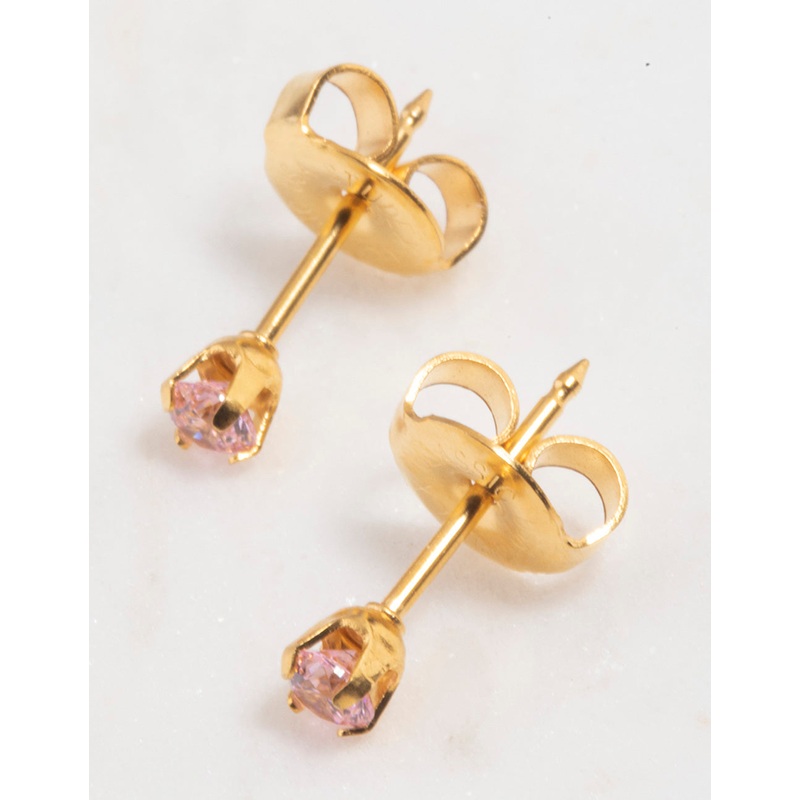 Gold 24K Pink Cubic Zirconia Crystal Piercing Stud 3mm