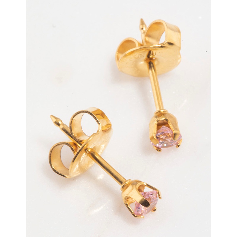 Gold 24K Pink Cubic Zirconia Crystal Piercing Stud 3mm