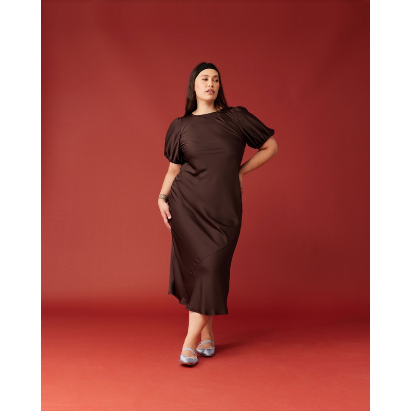 KENDALL SATIN DRESS ESPRESSO|4|6|8|10|12|14|16|18|20|22|24