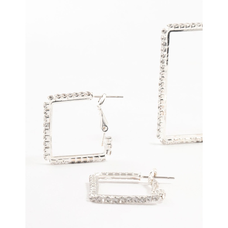 Silver Diamante Square Hoop Earrings 3-Pack