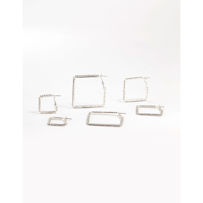 Silver Diamante Square Hoop Earrings 3-Pack