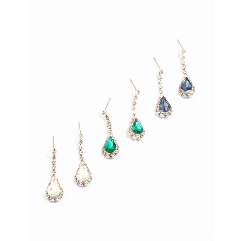 Silver Teardrop Diamante Drop Earrings 3-Pack