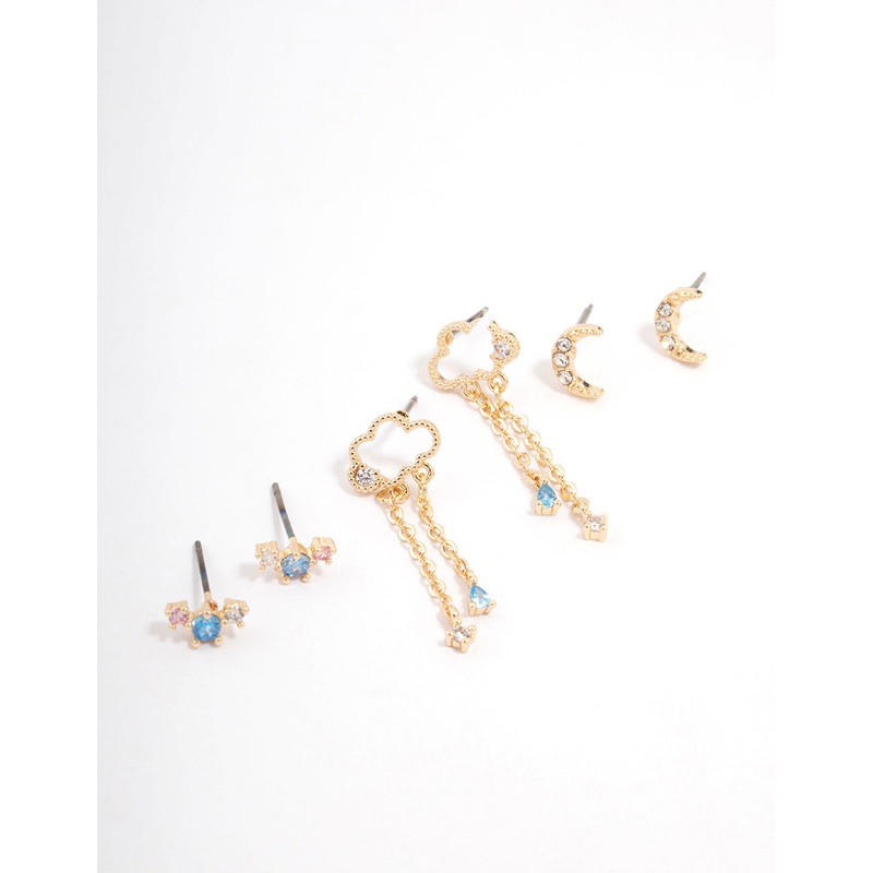 Gold Cubic Zirconia Moon & Star Mixed Earring 3-Pack