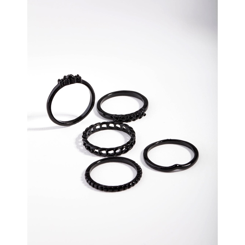 Black Diamante & Chain Ring 5-Pack