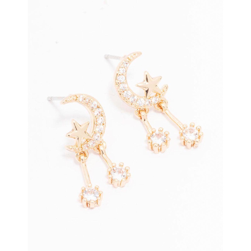 Gold Cubic Zirconia Moon & Star Drop Earrings