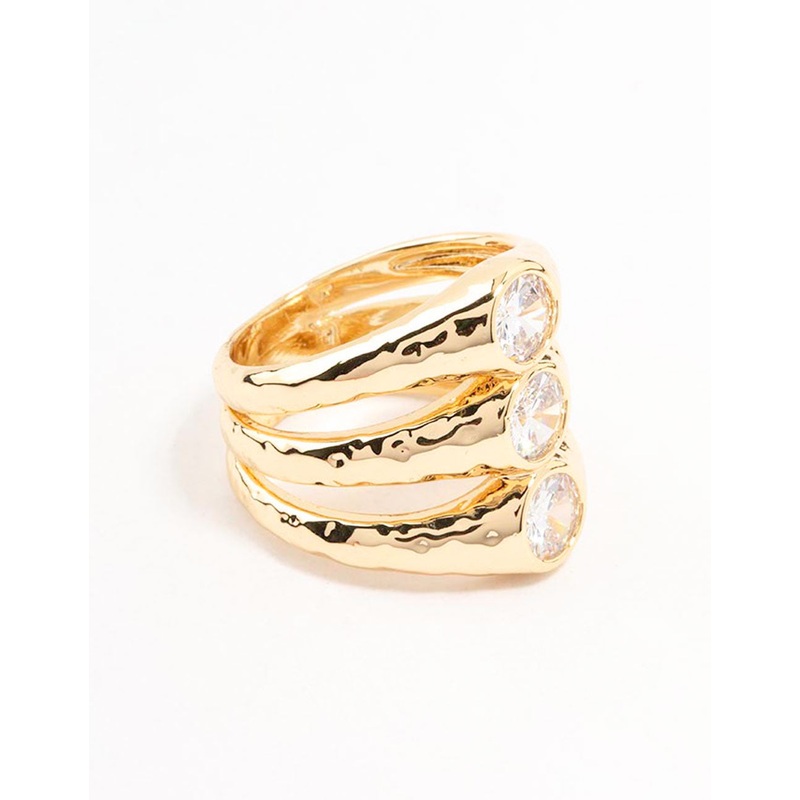 Gold Plated Textured 3 Row Cubic Zirconia Ring