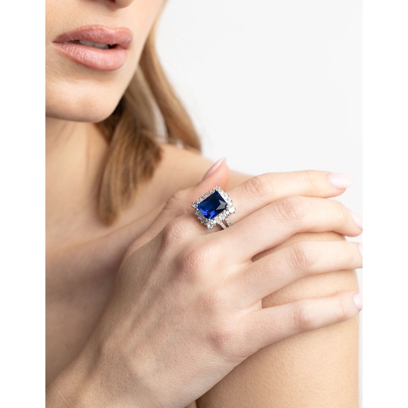 Rhodium Cubic Zirconia Blue Asscher Ring
