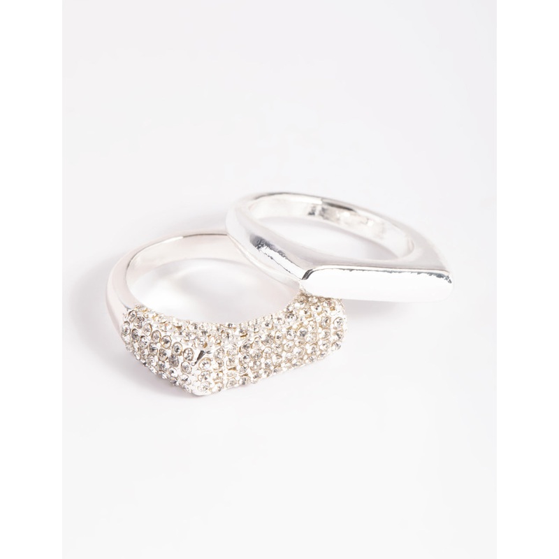 Silver Plated Diamante Smooth Ring Set