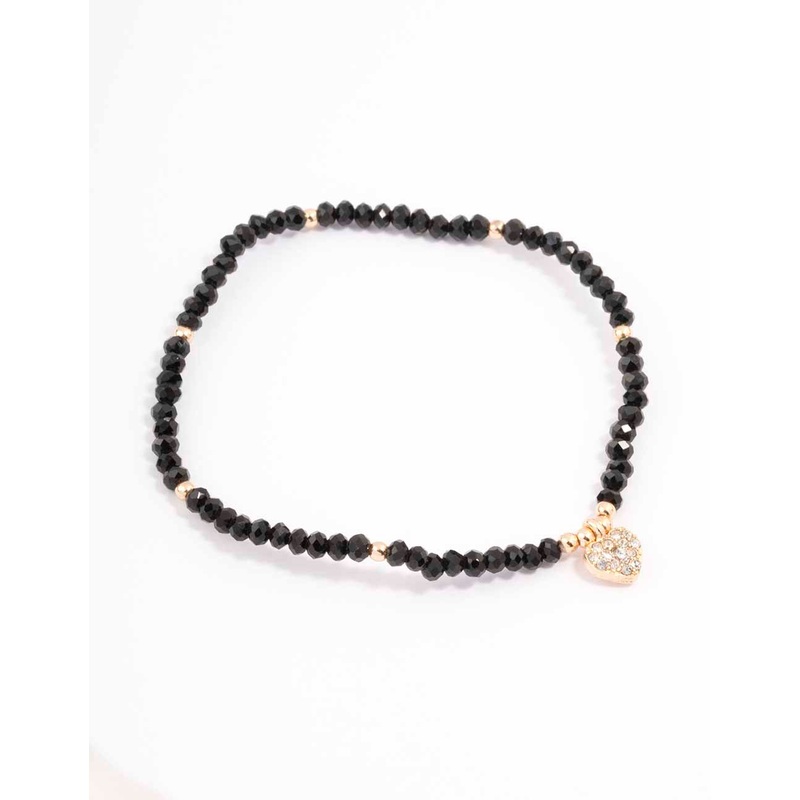 Black Beaded Simple Toggle Heart Charm Bracelet