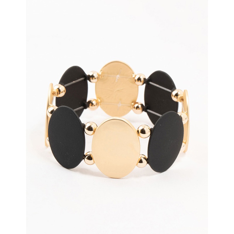 Black & Gold Oval Disc Stretch Bracelet