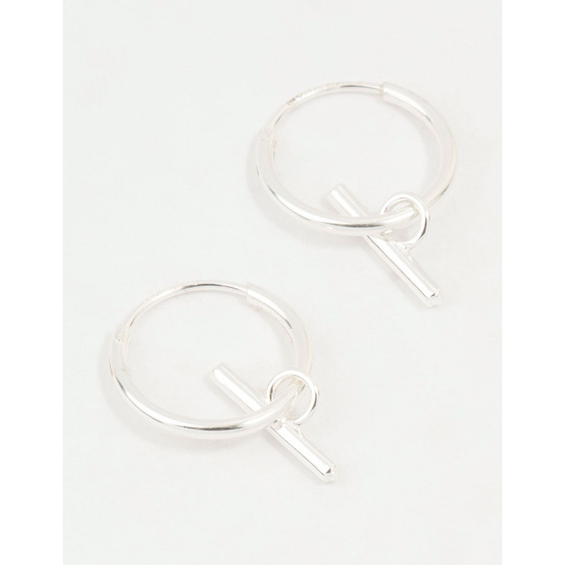 Sterling Silver Clean T Bar Drop Hoop Earrings
