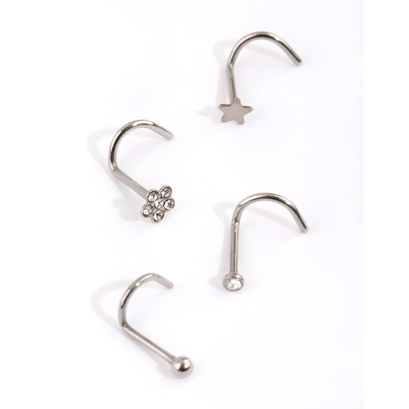 Titanium Star & Flower Nose Stud 4-Pack
