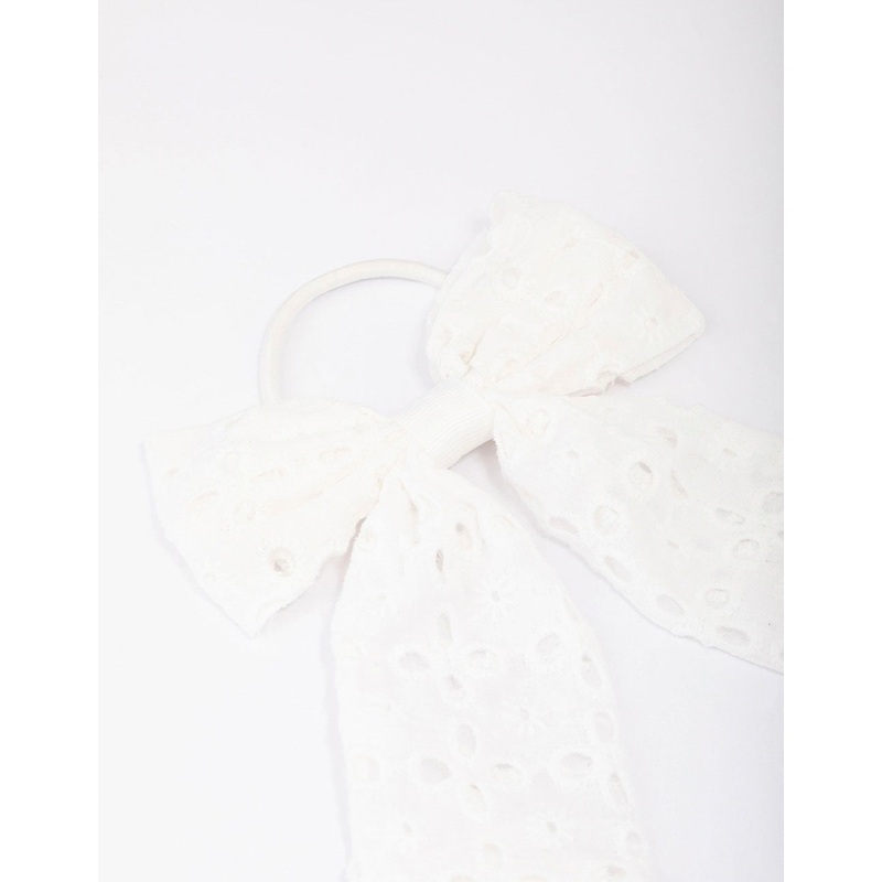 White Embroidered Bow Hair Scrunchie