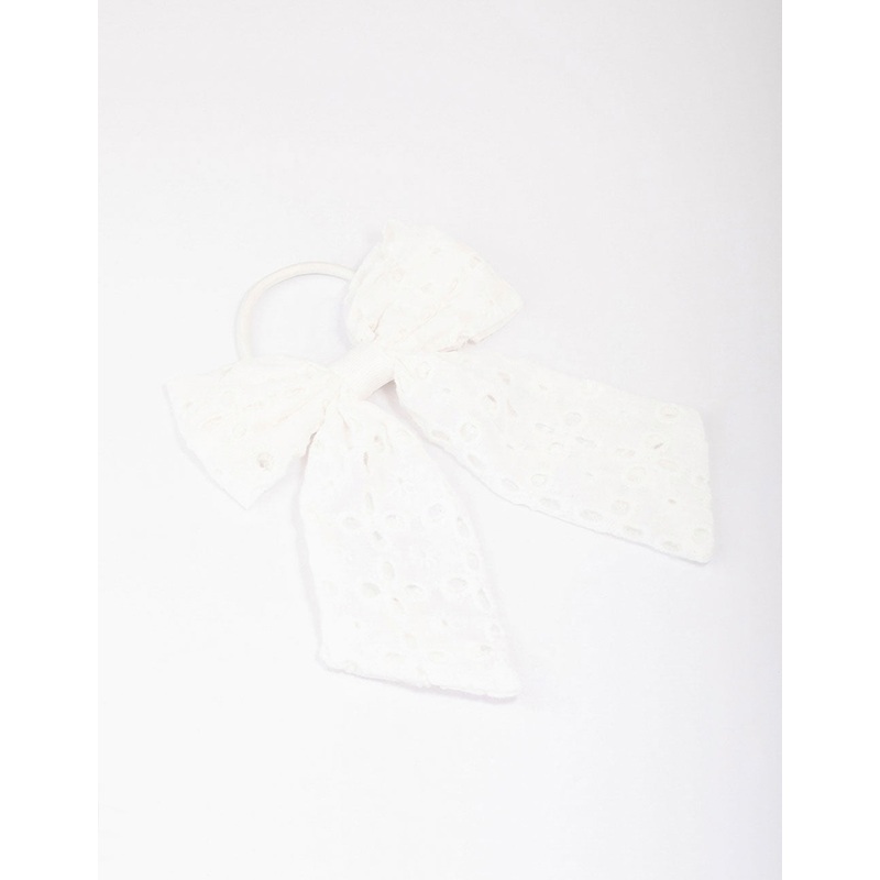 White Embroidered Bow Hair Scrunchie
