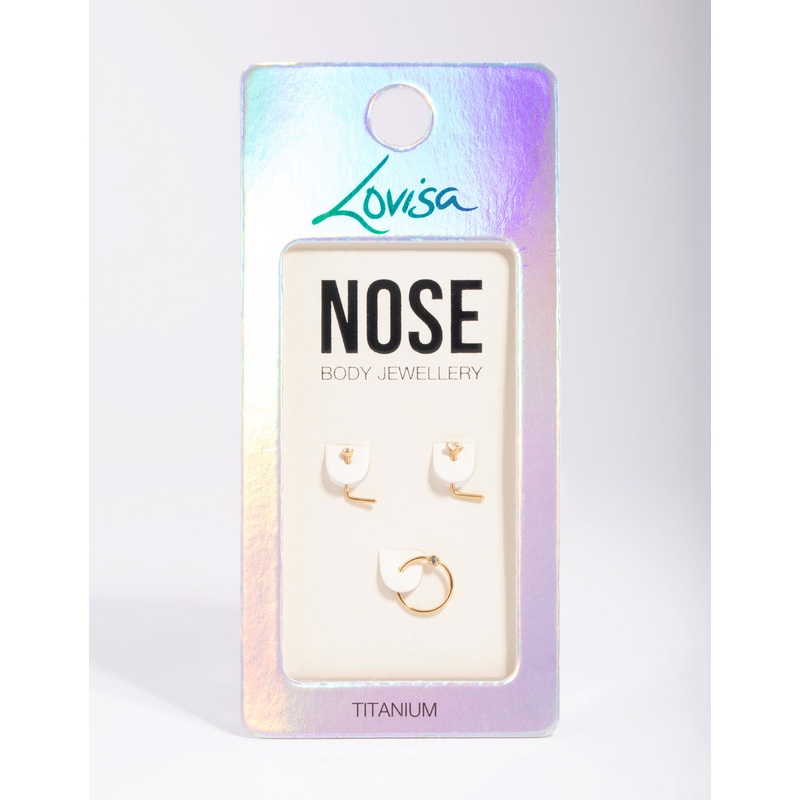 Gold-Plated Titanium Diamante Nose Stud Pack